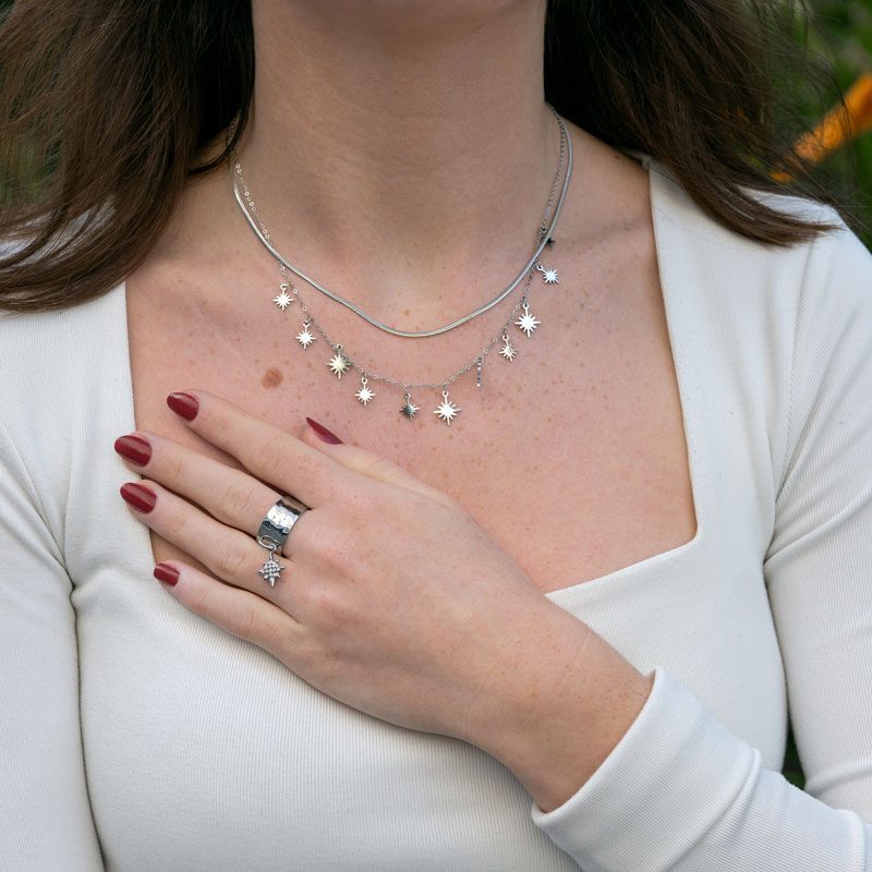 Parure BagueStar CollierDoubleRangFarandole Argent