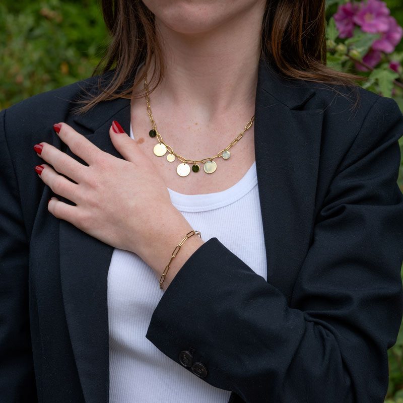 Parure CollierChainePampille BraceletMailleRectangle OR
