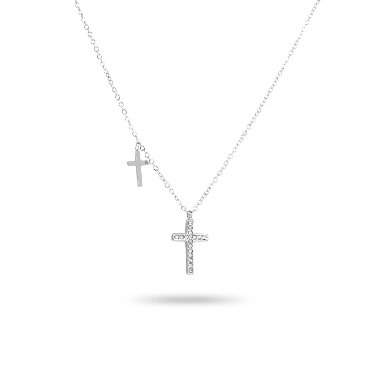 collier pendentif double croix avec strass